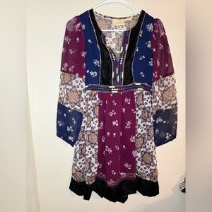 Maeve Floral Patchwork Dress in Plum, Navy & Cream -xxs